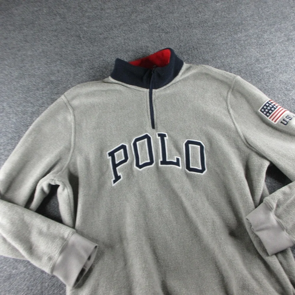 Polo Ralph Lauren Sweatshirt Mens XL Gray 1/4 Zip USA Flag Fleece Pullover